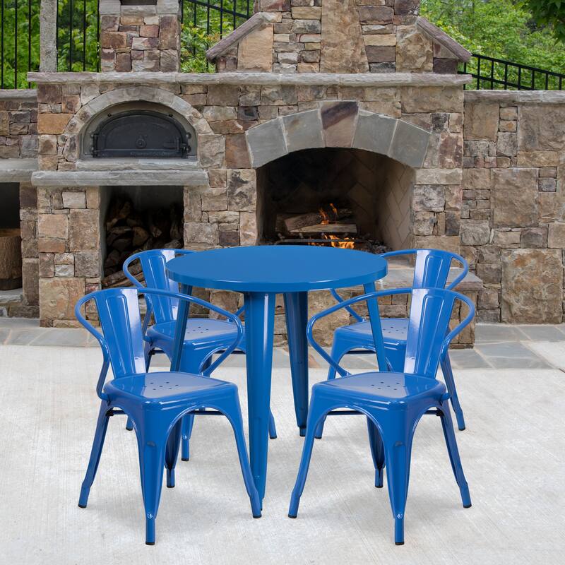 30'' Round Metal Indoor-Outdoor Table Set with 4 Arm Chairs - Blue