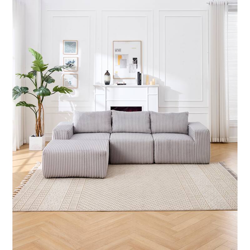 L-Shape Sectional Sofa with Ottoman, Fabric Upholstered Floor Cloud Couch, Modular Corner 3 Seat Sofa with Deep Seat