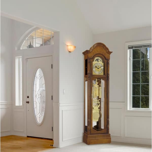 slide 3 of 2, Ridgeway Primrose Traditional, Elegant, Antique Design, Grandfather Style Chiming Floor Clock with Pendulum and Movements Brown