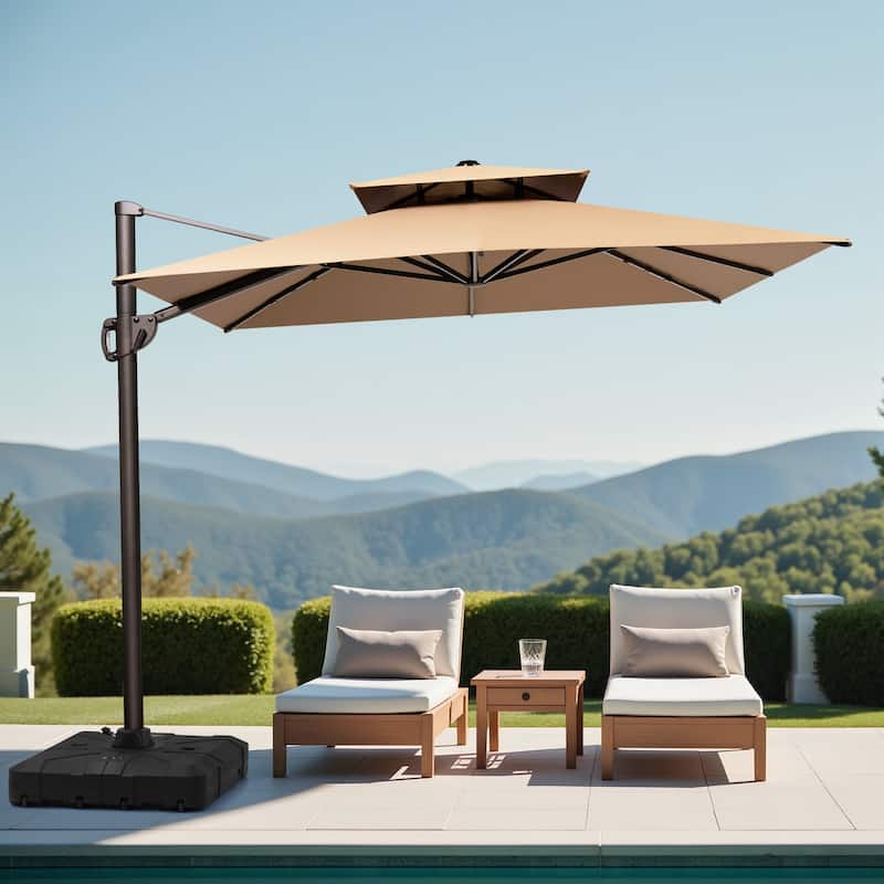 10.5 ft. x 9 ft. 360-Degree Rotation Cantilever Patio Umbrella with Base Stand - Tan
