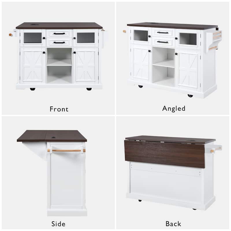 54.9" Kitchen Island with Drop Leaf, Power Outlet, Storage Cart Featuring Cross Barn Doors & Glass Front, Rolling on 4 Wheels