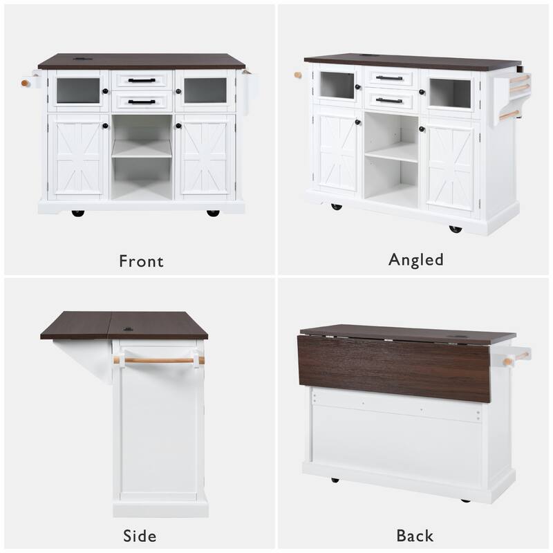 54.9" Kitchen Island with Drop Leaf, Power Outlet, with 4 Door Shelves, Cross Barn Doors & Visual Glass Door on 4 Wheels