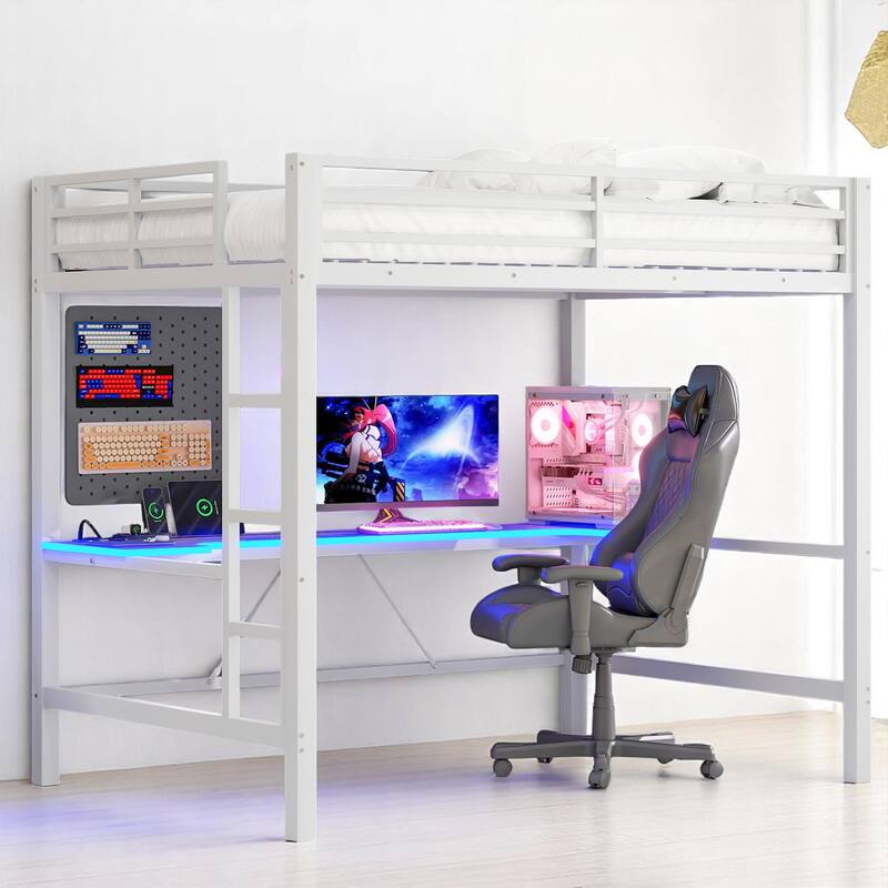 Twin/Full Size Gaming Metal Loft Bed with Desk, Remote LED Light & USB Charging Station - Space-Saving Frame