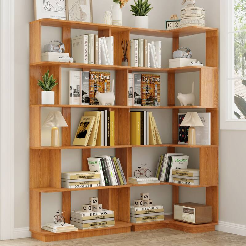Set Of 2 Free Combination Bookcase Space Saving Corner Bookshelf, L Shaped Bookcase X 1 + I Shaped Bookcase X 1 - Dark Oak