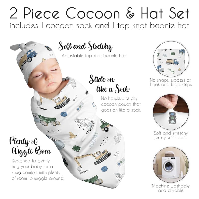Sweet Jojo Designs Construction Truck Boy Baby Cocoon and Beanie Hat Sleep Sack 2pc Set- Grey Blue Green Transportation Vehicles