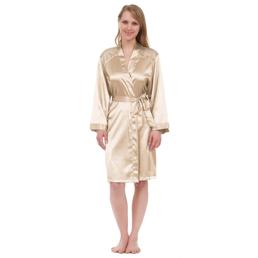 Leisureland Lace Yoke Satin Knee-Length Robe