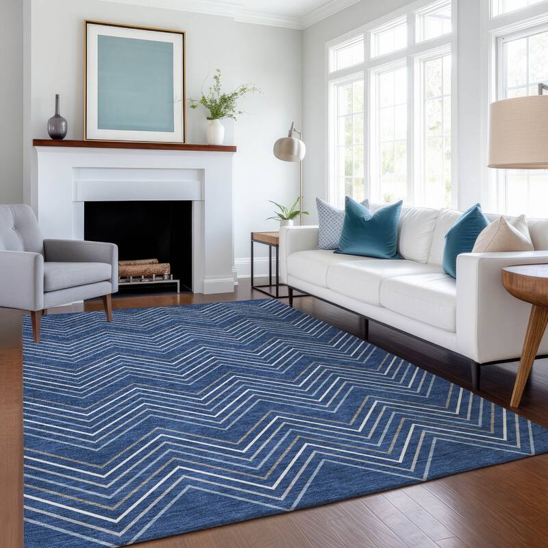 Machine Washable Indoor/ Outdoor Modern Chevron Chantille Rug
