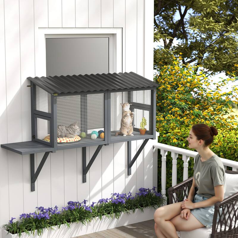PawHut Cat Catio, Outdoor Cat Enclosure Window Perch for Multiple Kittens with Jumping Platform