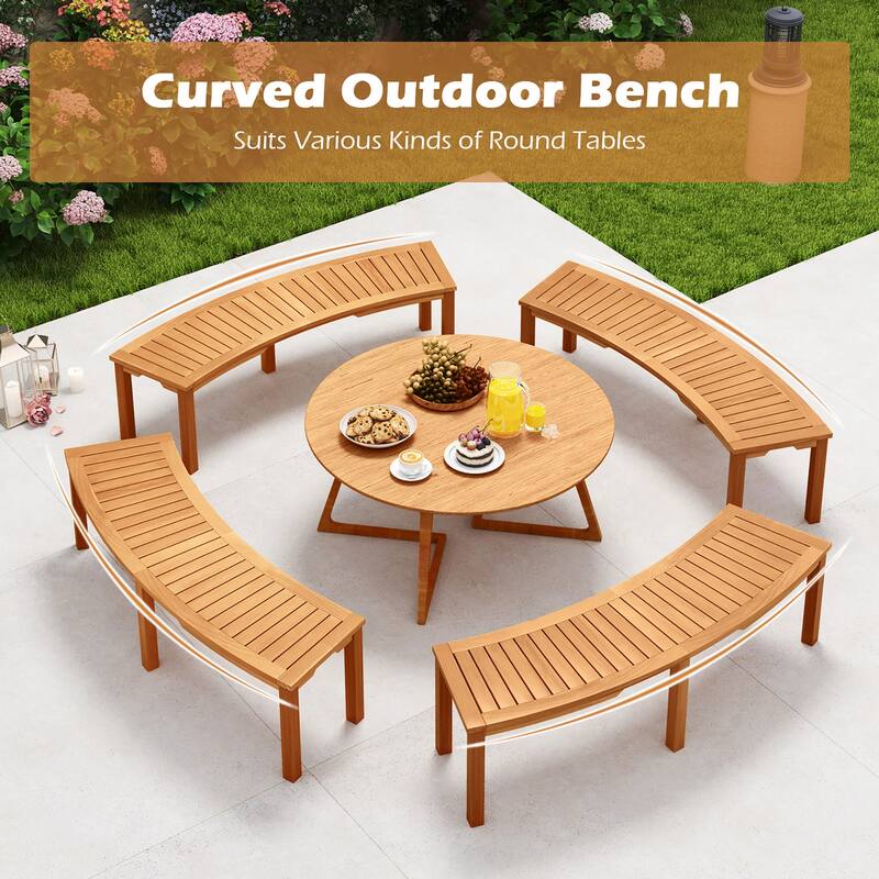Gymax Set of 2 Outdoor Curved Bench w/ Slatted Seat Solid Acacia Wood