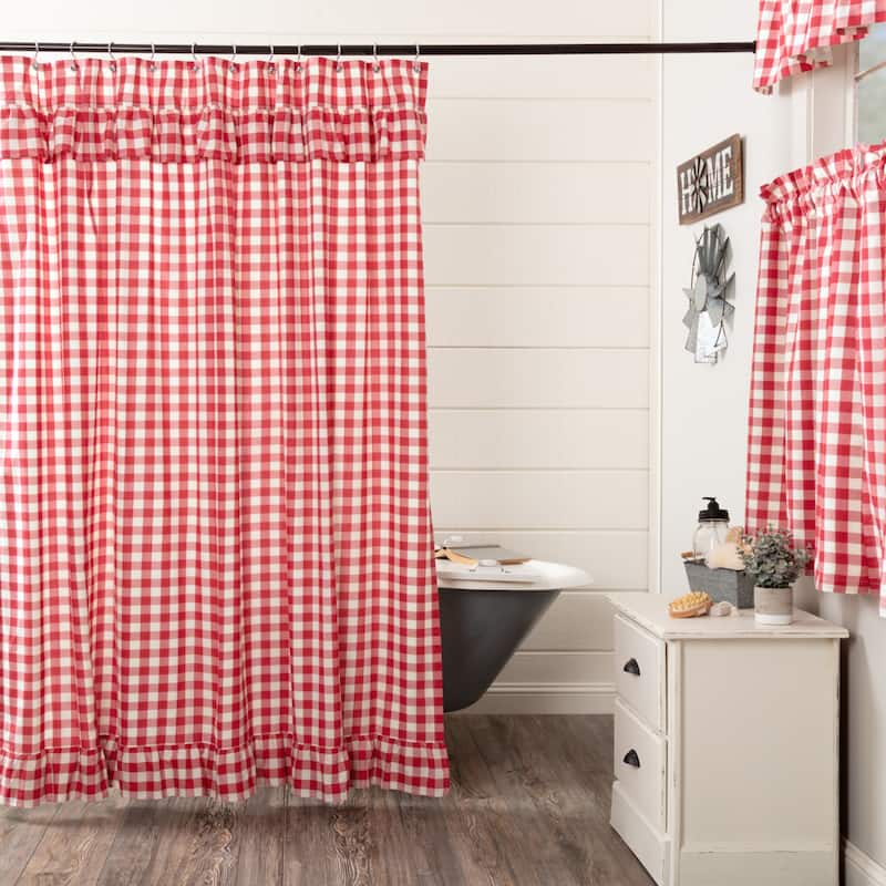 Annie Buffalo Check Ruffled Shower Curtain - Country Red/Antique Creme