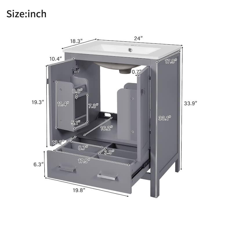 24" Bathroom Vanity with Ceramic Undermount Sink, 2 Doors, 1 Drawer, Soft-Close, Adjustable Shelf