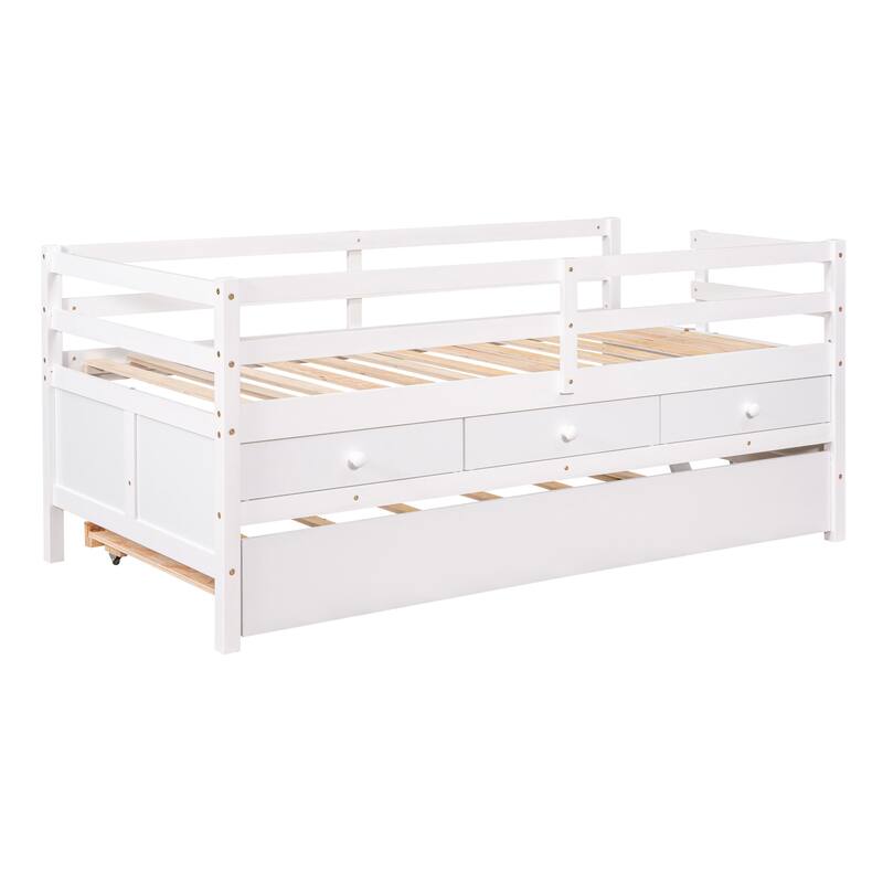Solid Wood Low Bed with Full Safety Fence, Climbing ladder,Storage Drawers and Trundle