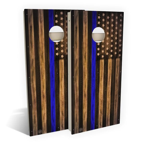 slide 2 of 8, Charred Police Thin Blue Line Outdoor Cornhole Board Set Backyard 2x4 - Include Carrying Case