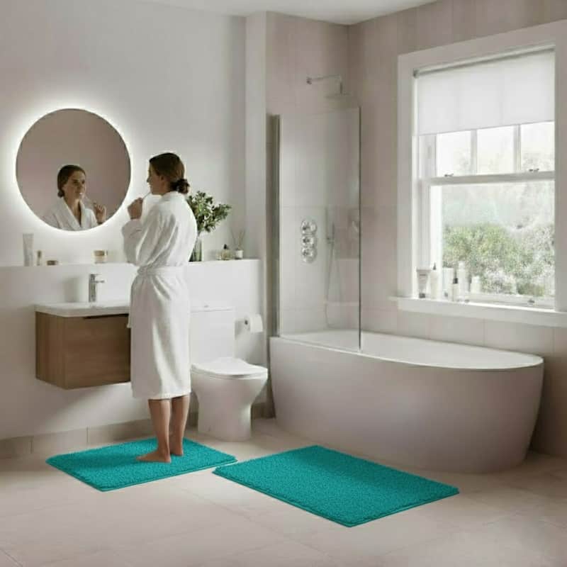 Bathroom Rugs - 2-Piece Memory Foam Bathroom Set with Chenille Shag Top and Non-Slip Base by Windsor Home