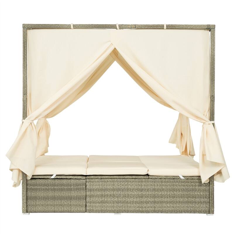 Outdoor Rattan Daybed with Adjustable Backrest and Curtains, Paio Sunbed Sun Lounger with Canopy and Removable Cushion