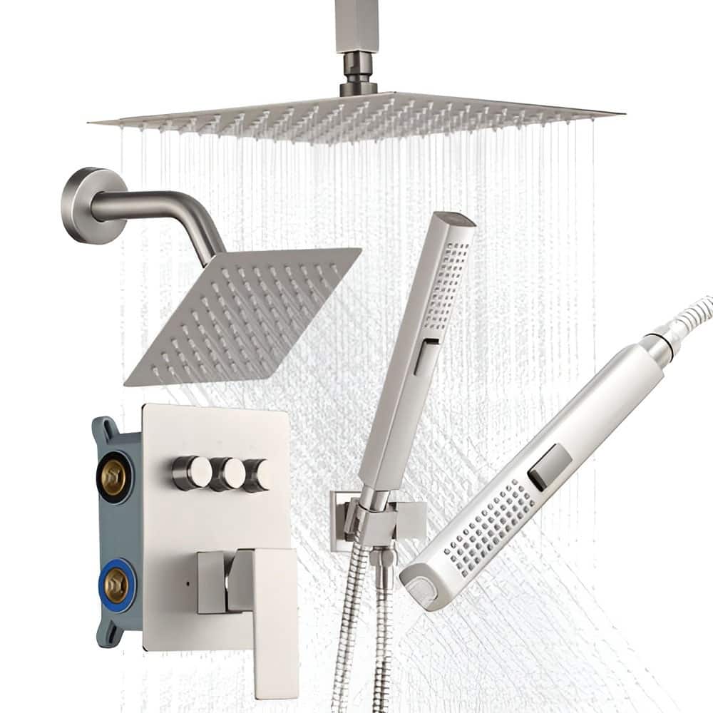 Brushed Nickel 3-Function Rainfall Shower System with Handheld Spray and Adjustable Side Shower - Brushed Nickel