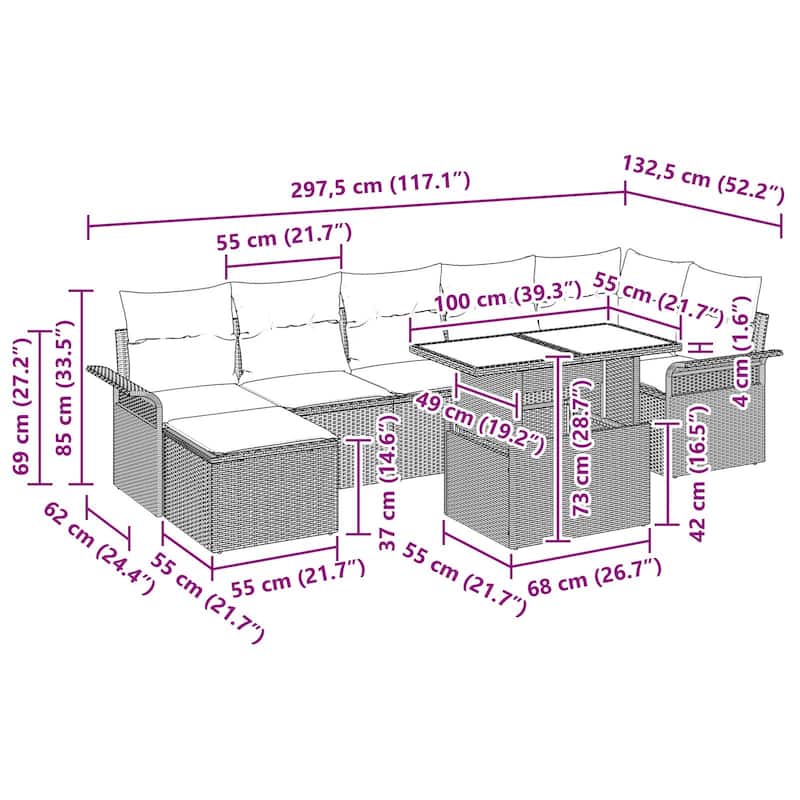 vidaXL 8 Garden Sofa Set with Cushions Black/Brown/Grey Poly Rattan - 117.1 x 52.2 x 27.2
