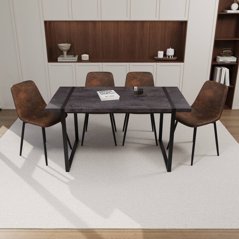 MDF light wood dining table and modern dining chair 4-piece set,medieval wooden kitchen dining table set, rectangular metal base - Black Brown