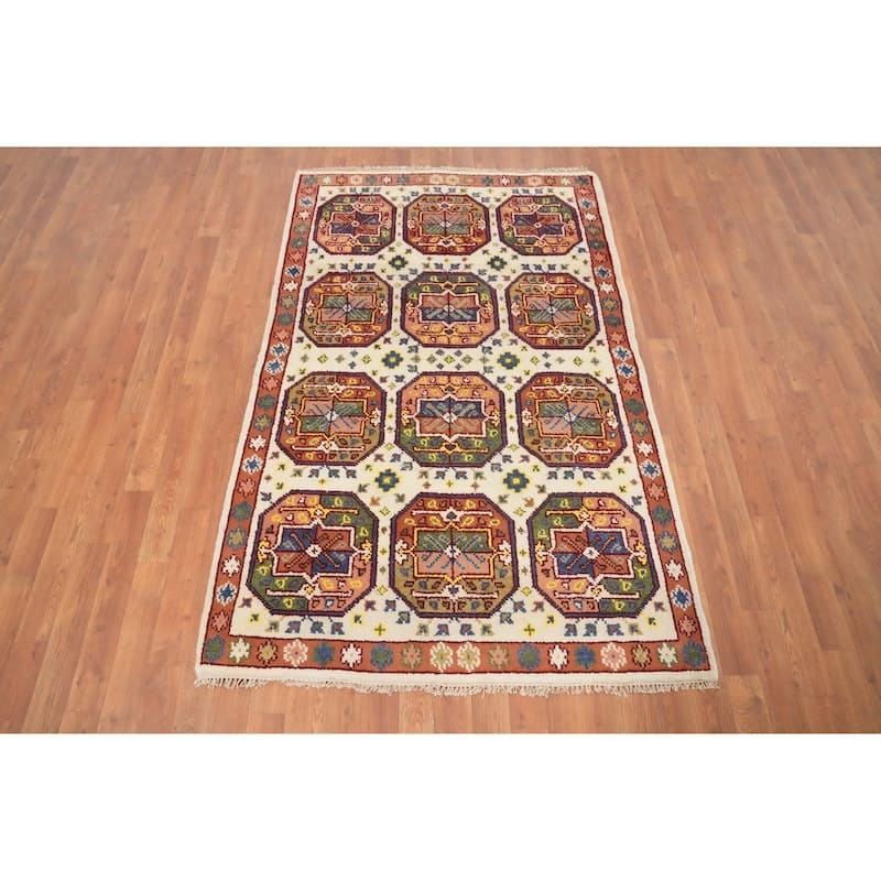 Hand Knotted Oriental 100% Wool Carpet Traditional Geometric Beige & Ivories Kazak Area Rug - 5' 11'' X 3' 10''