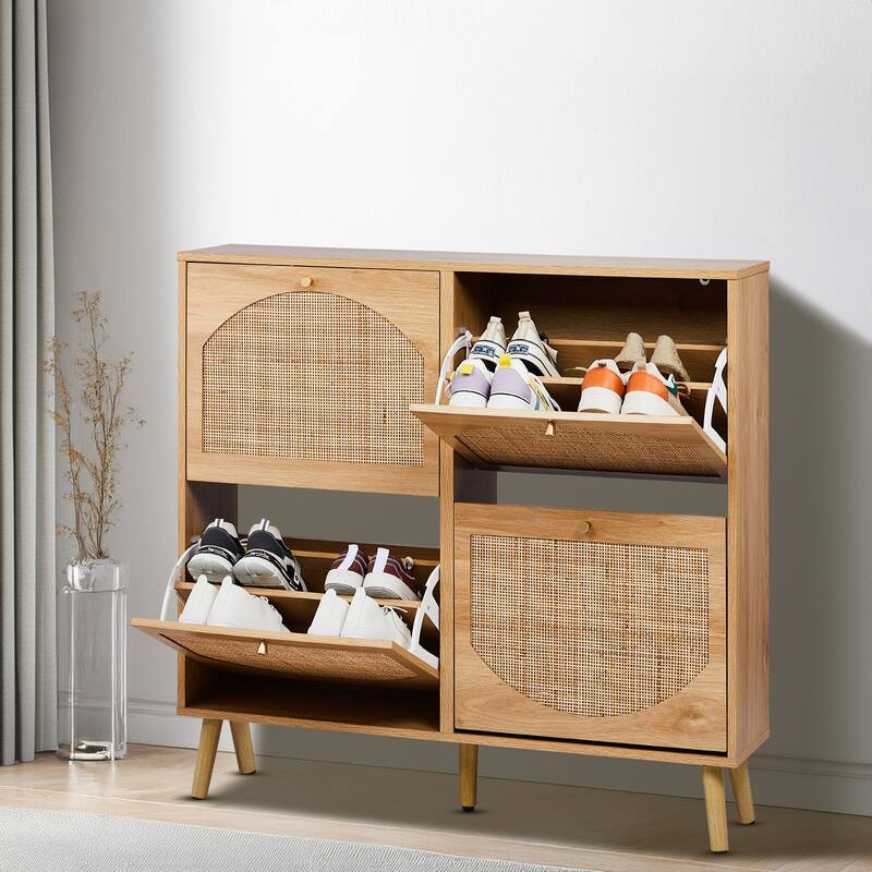 Wooden 2 Tier Flip Down Shoe Cabinet with Natural Rattan Arched Fronts Slim Design and 8 Compartments for 12 to 16 Pairs
