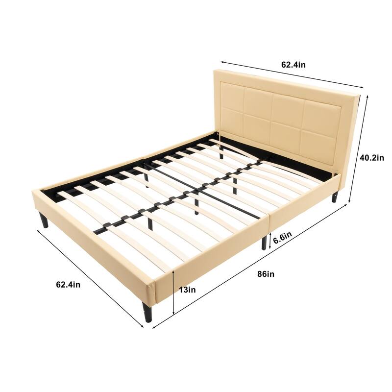 Queen Size Wood Slat Bed Frame with PU Leather Headboard
