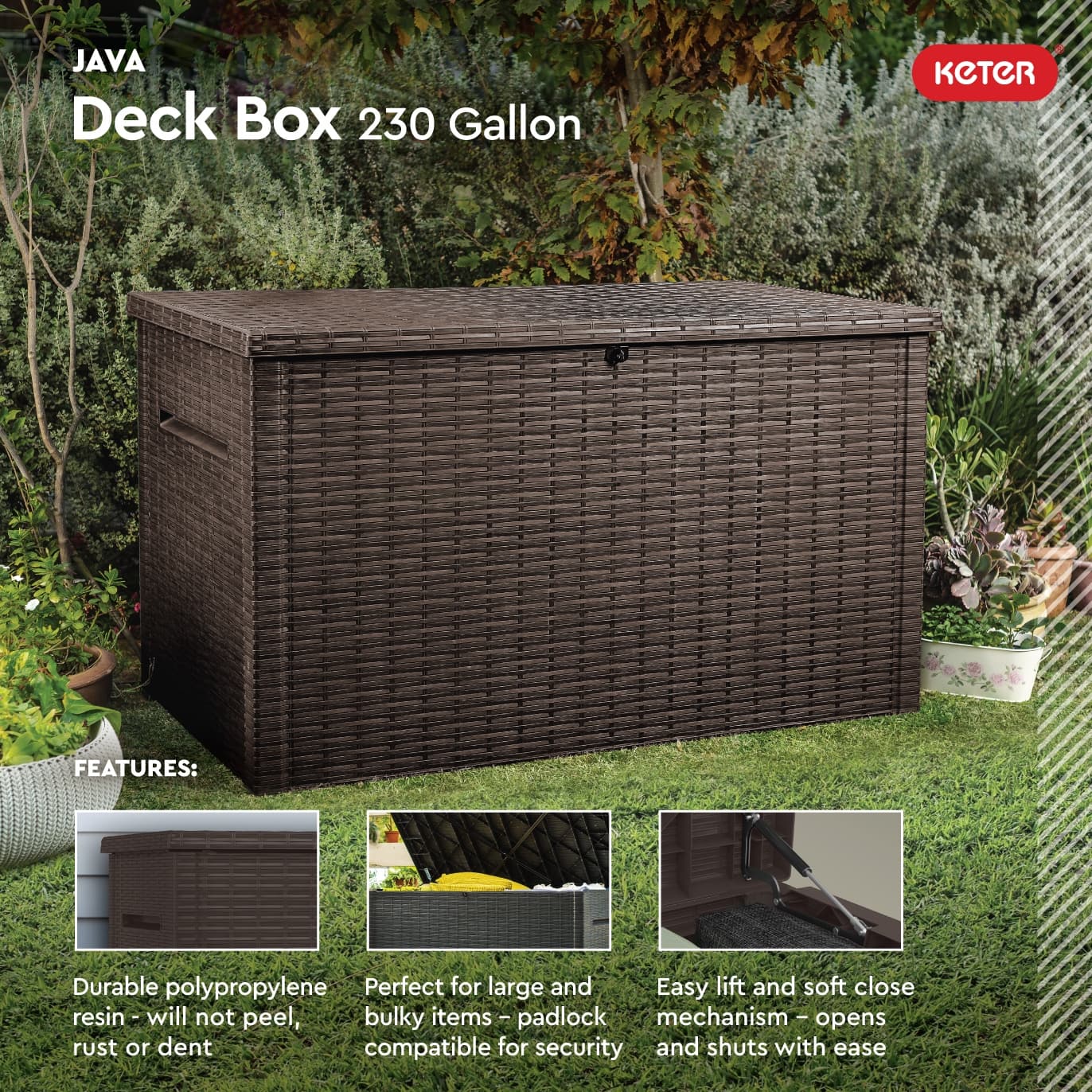 Keter Java 230 Gallon XL Durable Resin Outdoor Storage Deck Box For