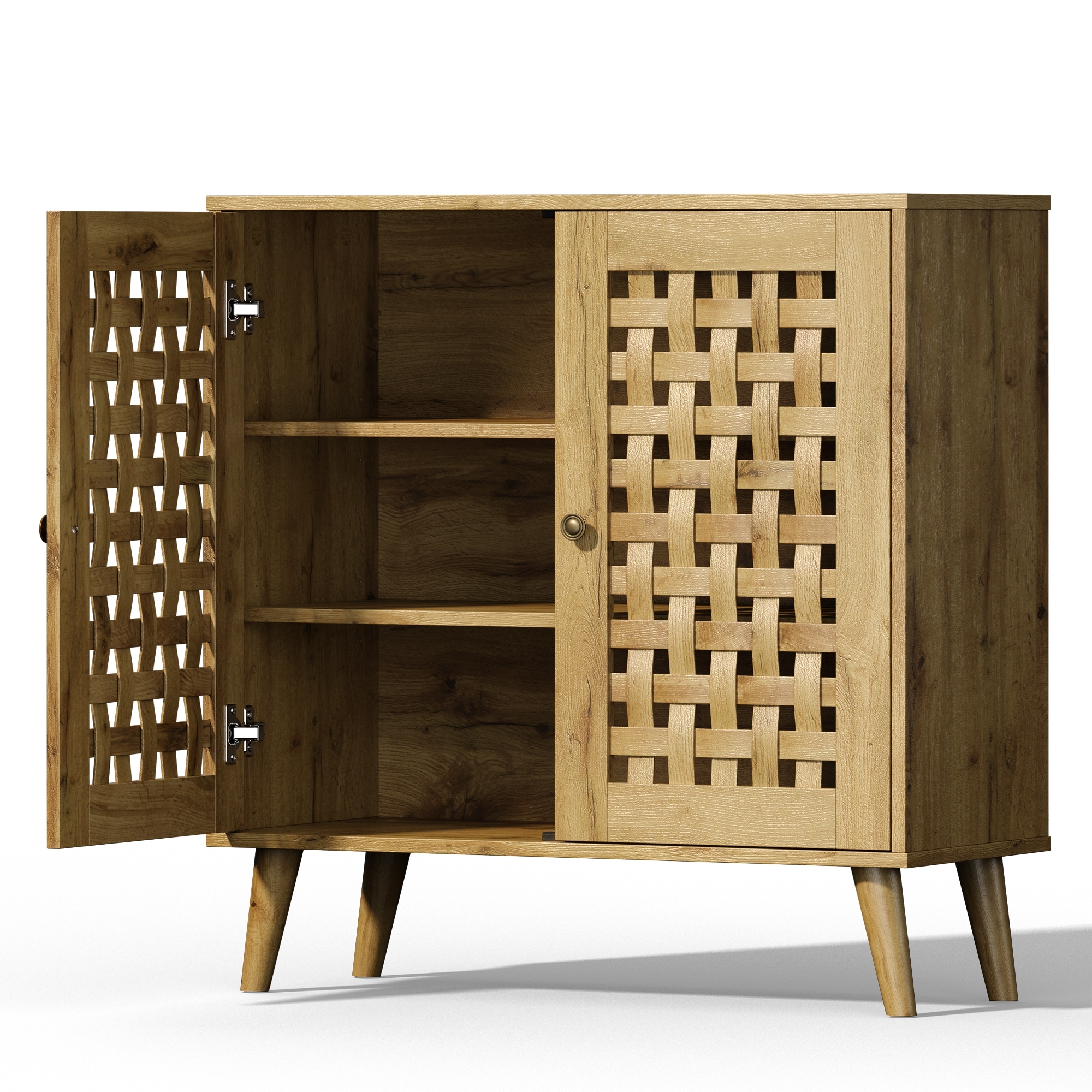 Vintage Storage Cabinet with 2 Basket Weave Wooden Doors - N/A