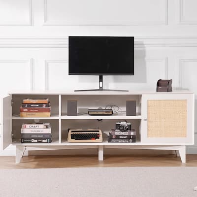 Rattan TV Stand for 75" TV Boho TV Stand with Build-in Socket White - 65 inches