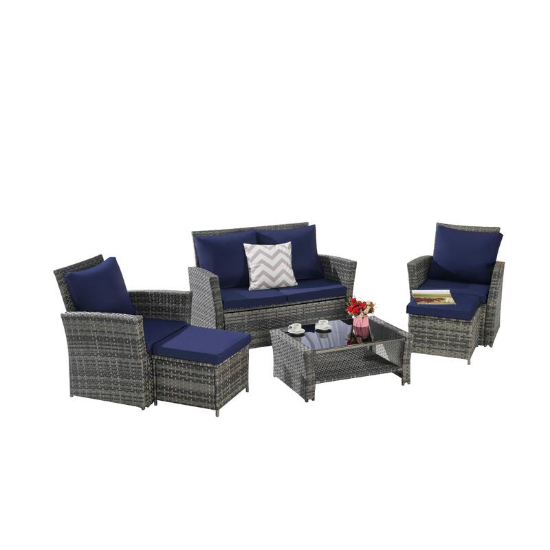 6-Piece Outdoor Patio Rattan Conversation Sofa Set with Tempered Glass Coffee Table