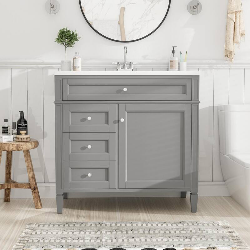 30''/36'' Bathroom Vanity with Top Sink, Modern Bathroom Storage Cabinet with 2 Drawers, a Tip-out Drawer & Adjustable Shelf
