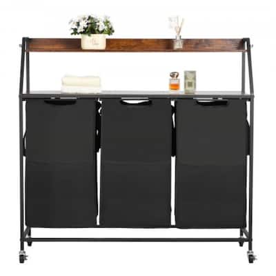 Black Laundry Hamper with Fabric 3 Removable Compartments Hamper and Wheels for Organization