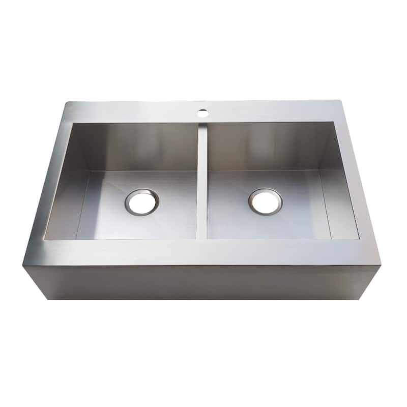 Edinburg 33-Inch Stainless Steel Apron-Front 1-Hole Double Bowl Farmhouse Kitchen Sink in Brushed - Brushed