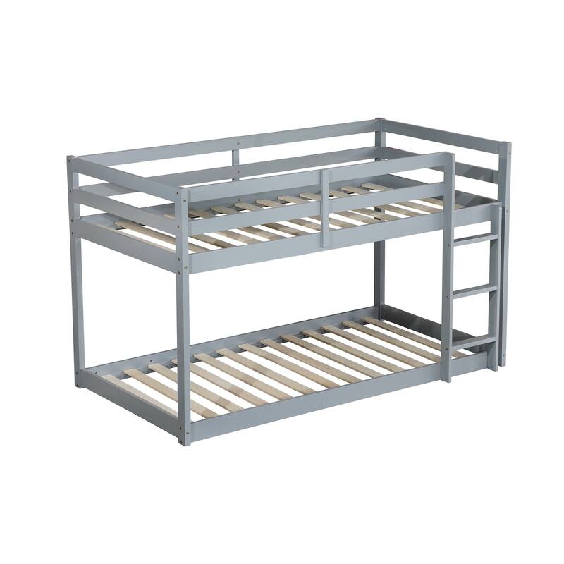 Wooden Twin over Twin Floor Bunk Bed with Ladder ,Upper and Bottom Bed Platforms