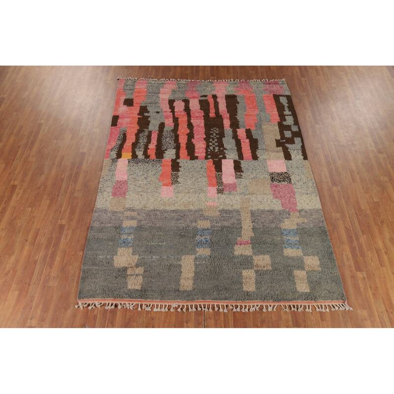 Plush Moroccan Oriental Area Rug Handmade Grey Wool Carpet - 7'10" x 10'4"