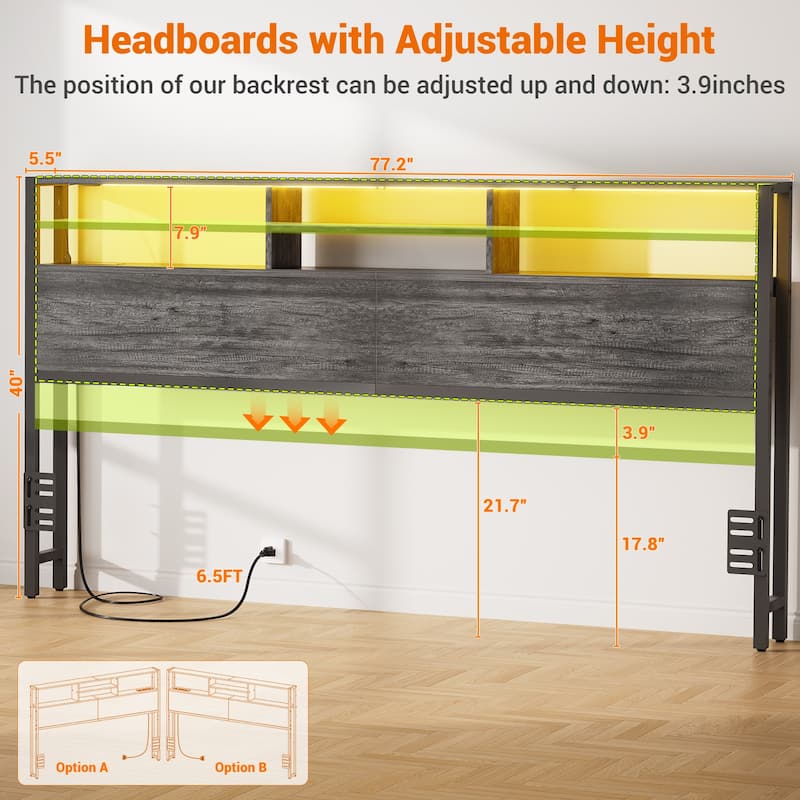 Headboard with Storage and Charge Station, Platform Bed Heaboard with LED Lights