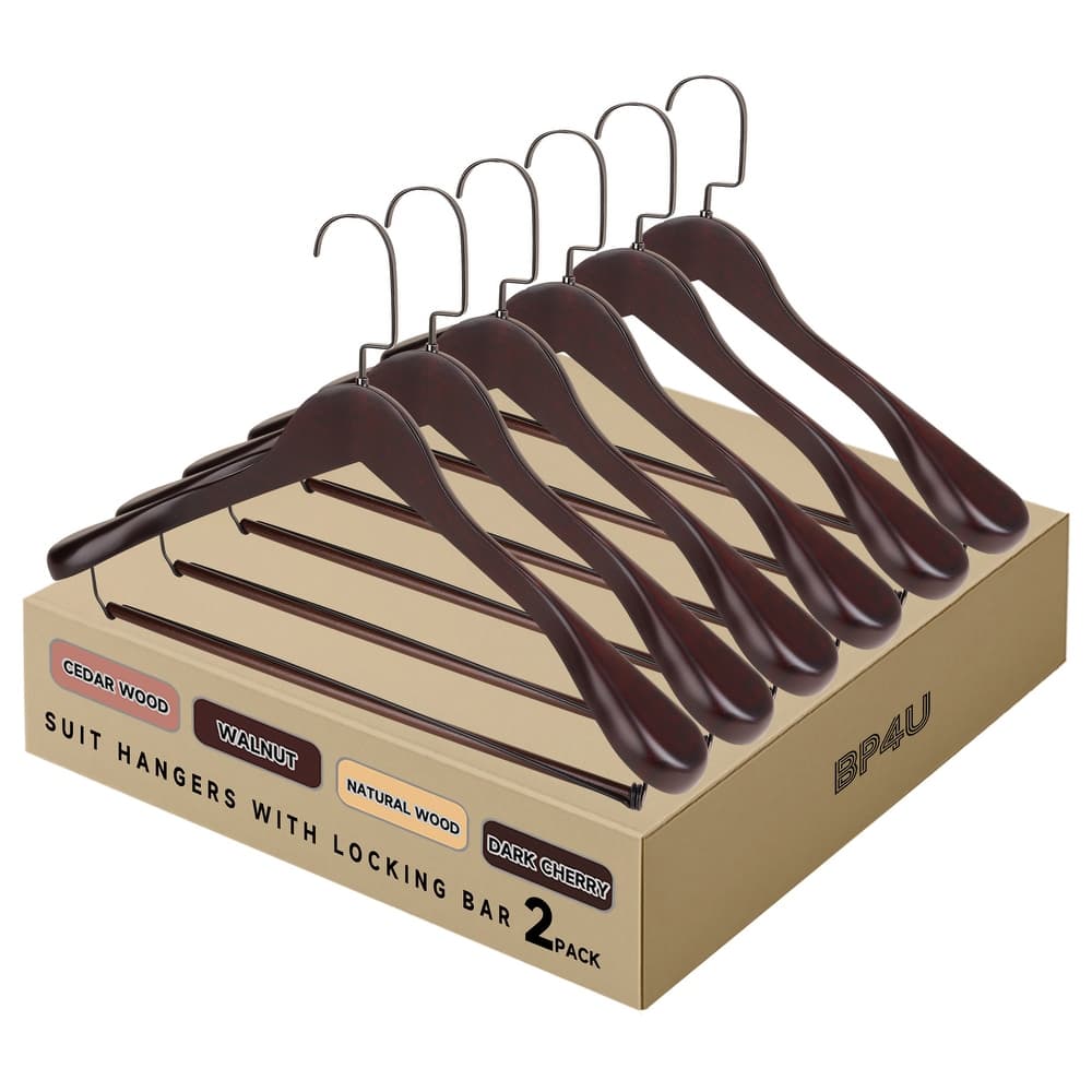 BP4U Premium Wide Shoulder Wooden Suit Hangers, Heavy-Duty Non-Slip Solid Wood Coat Hangers with Locking Pants Bar