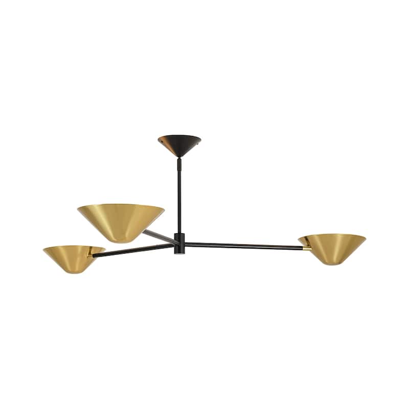 53.93" W 3-Light Modern Black & Brass Linear Sputnik Cone Semi-Flush Mount Ceiling Light - 53.94" W × 16.93" H