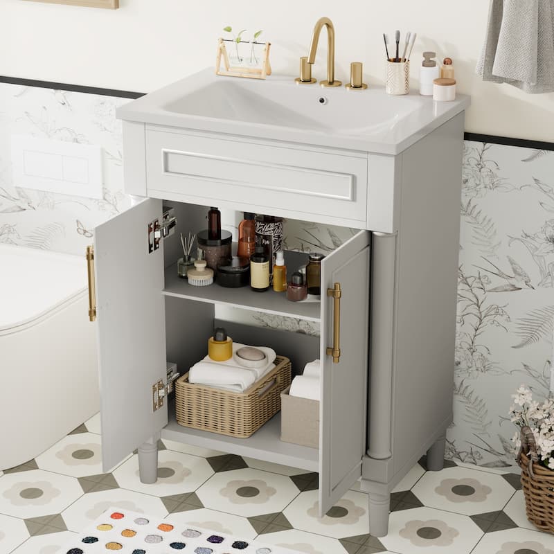 24" Bathroom Vanity with Integrated Ceramic Sink, Bathroom Cabinet with 2 Doors, Single Sink Bathroom Vanity