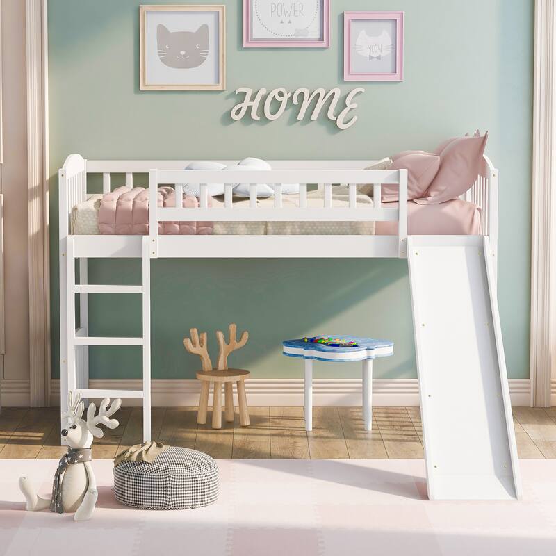 White Twin Loft Bed with Slide and Ladder, Space-Saving Design