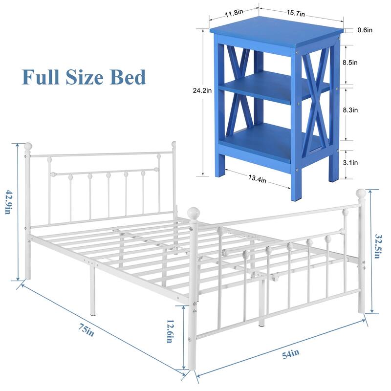 3-Pieces Bedroom Set with Platform Bed Frame and 2 Dark Blue Nightstands