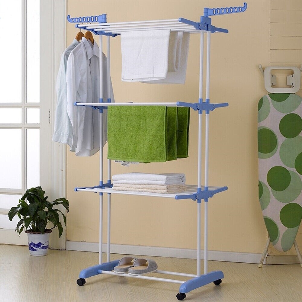 Large foldable rolling clothes airer laundry deals drying rack with 8 lockable casters