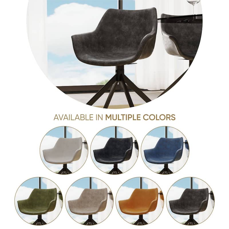Markley Modern Swivel Dining Chair with Distressed Leather Upholstery, Ergonomic Back, and Black Metal Legs for Home or Office