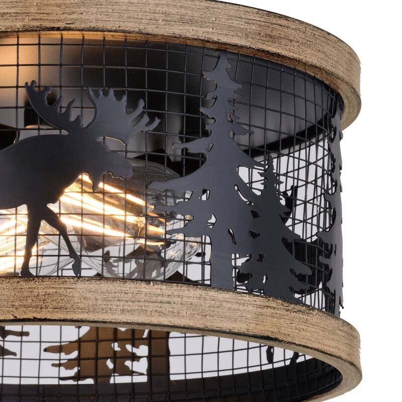 Kodiak 12-in W Black Rustic Round Cage Flush Mount Ceiling Light Fixture Tree Motif