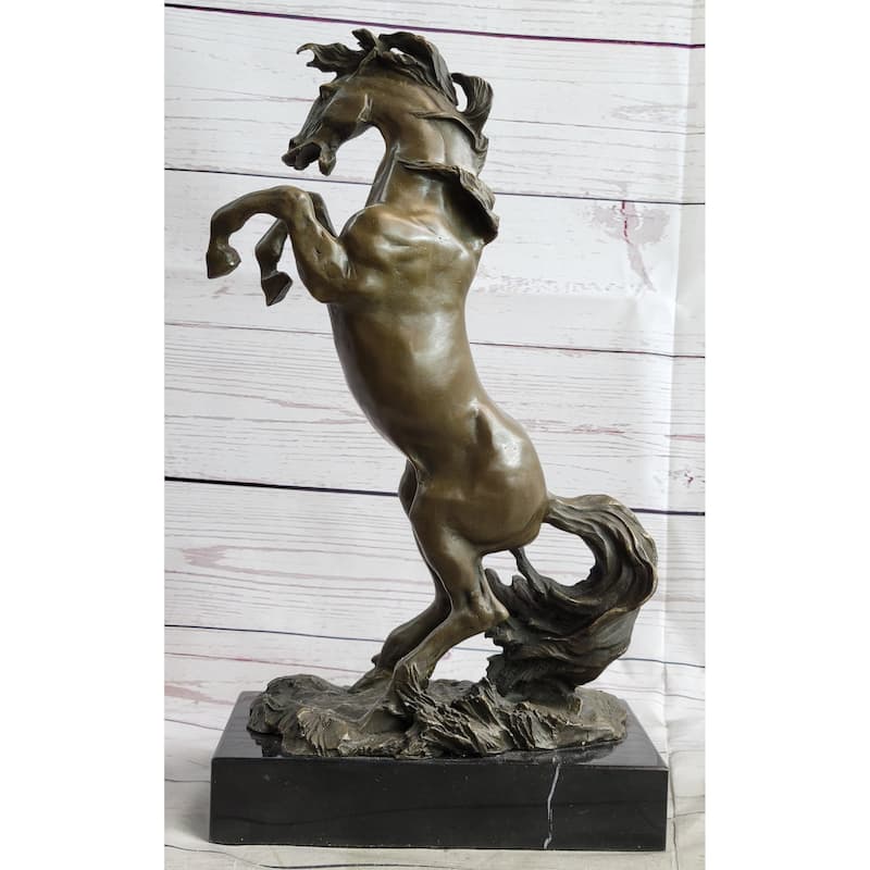 Rearing Imitative Horse Bronze Metal Statue Sculpture Figure On Marble Base