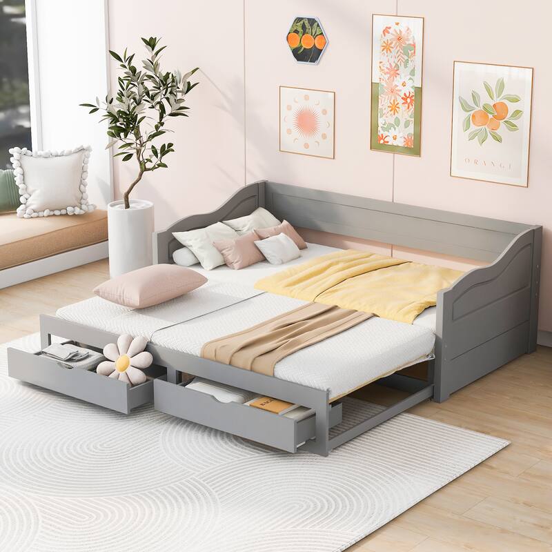 Roomfitters Wooden Twin Daybed with Trundle and Two Storage Drawers Extendable Solid Wood