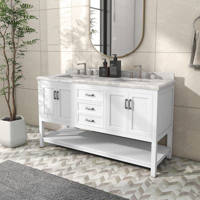 Furniture of America Anya 61" Double Bathroom Vanity with White Carrera Marble Top and Undermount Sink