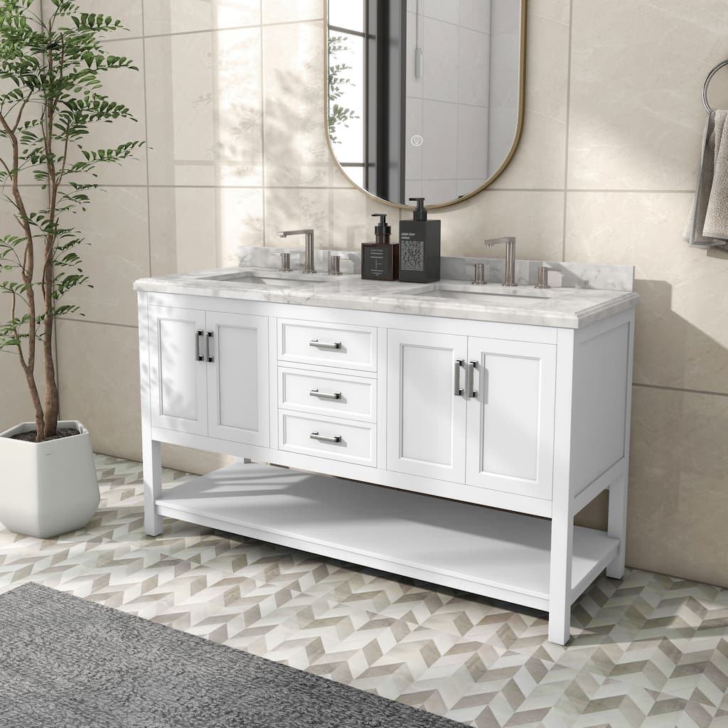 Furniture of America Anya 61" Double Bathroom Vanity with White Carrera Marble Top and Undermount Sink