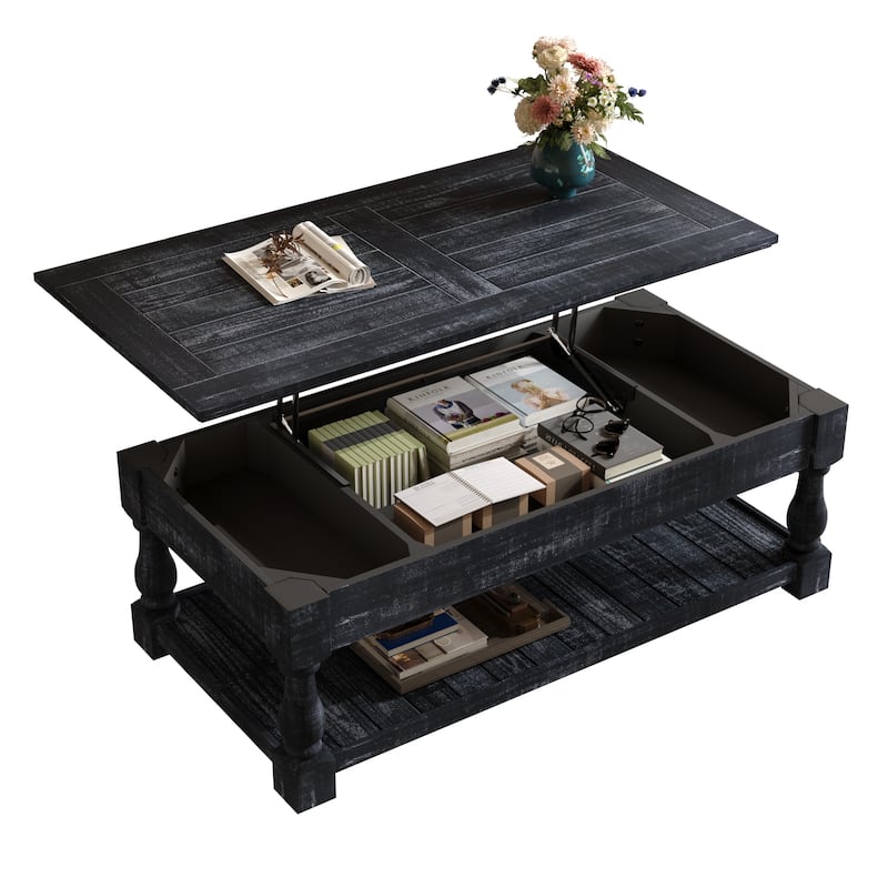 47" Farmhouse Lift Top Coffee Table with Fixed Shelf and 3 Hidden Storage Trays