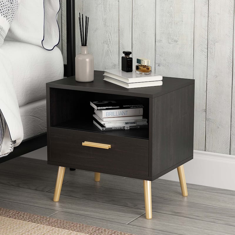 19.5"W Nightstand With 1 Drawer 1 Shelf and Metal Legs - Dark Brown
