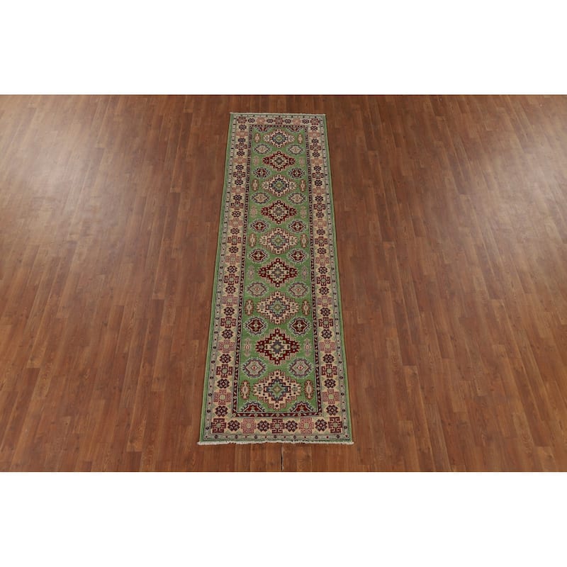 Light Green Kazak Oriental Runner Rug Hand-Knotted Wool Carpet - 2'9" x 9'7"